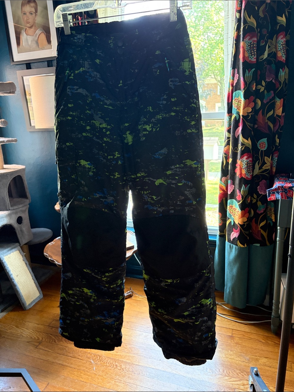 Columbia Black Snow Pants with Blue and Green Accent Print